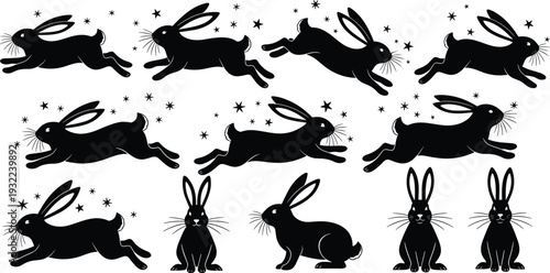 Black rabbit silhouette collection with jumping and sitting bunny poses, starry night elements, minimalist woodland animal vector illustration isolated on light background