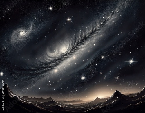 myriad stars sparkle in the inky blackness swirling nebulae paint the distant galaxies stellar beauty black