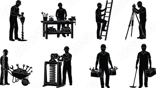 Worker, construction, silhouette, vector, industrial, technician, builder, repair, maintenance, engineer, machinery, equipment, tools, craftsman, professional