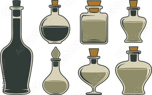 Set of vintage glass bottles with corks and liquids