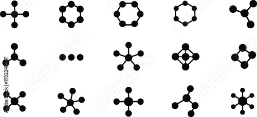 Molecule structure icons set, chemical atom bond symbols flat black scientific elements isolated on white background