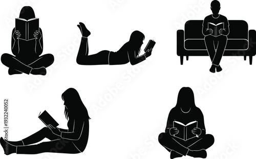 Vector silhouettes of diverse people reading books in various poses including sitting on floor, lying down, and relaxing on a sofa for education. (24 words)
