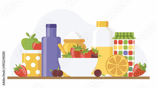 A colorful still life illustration of fruits yogurt and beverages