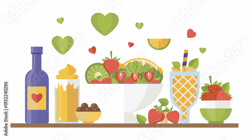 A vibrant still life featuring fresh strawberries citrus and colorful drinks