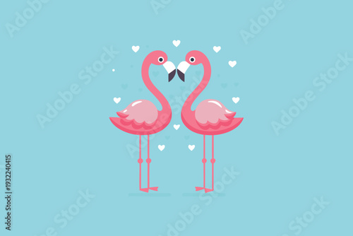 Two pink flamingos stand affectionately amongst scattered white hearts