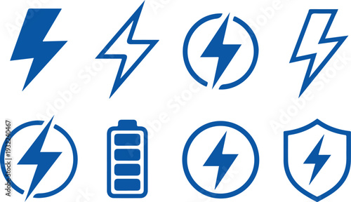 Electric power and energy battery icons featuring lightning bolt sign