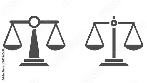 Two grayscale depictions of scales symbolizing balance and justice