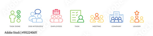 Professional Hiring Icons set vector illustration outline color with Task done , Job interview, Employees, Task, Meeting, Company, Leader