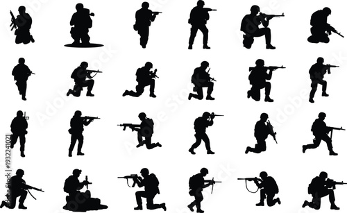 Military soldier silhouettes collection, armed army combat poses isolated on white background, tactical warfare vector illustration set