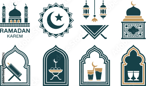 Ramadan kareem religious icon set with mosque moon and lantern symbols