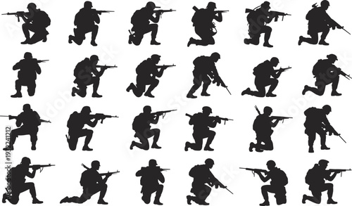 Military soldier silhouettes set, armed army combat poses isolated on white background, tactical warfare vector illustration collection