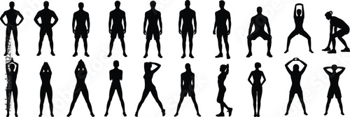 Fitness and workout silhouettes collection, male and female athlete poses isolated on white background, gym training vector illustration set