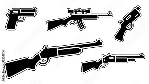 Collection of Black and White Firearm Icons, Vector Style Graphic, Isolated on White Background, Weaponry and Security Concepts