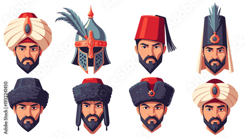 Collection of Diverse Historical Male Headwear Vector Illustrations, Traditional Ethnic Headgear Set, Cultural Fashion Elements for Design Projects