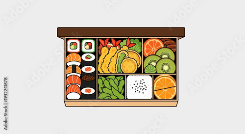 Assorted Sushi and Fresh Fruit Arrangement.