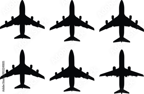 Six black silhouettes of passenger airplanes arranged in two rows on a white background, symbolizing air travel and aviation.