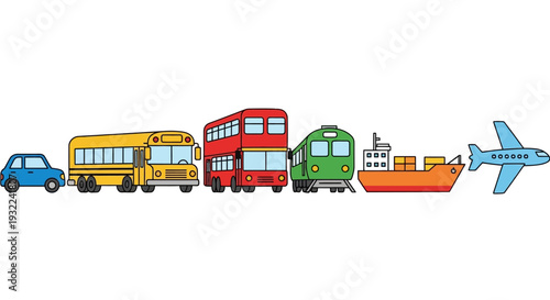 Colorful Vehicles and Transport Modes Illustration.