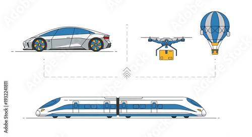 Futuristic Transportation Modes Car Train Drone Balloon.