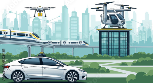 Futuristic Transportation Modes Car Train Helicopter Drone.