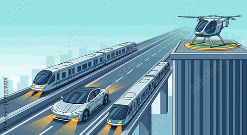 Futuristic Transportation System with Vehicles and Helicopter.