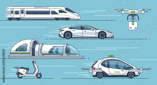 Futuristic Transportation Modes in Motion Illustration.
