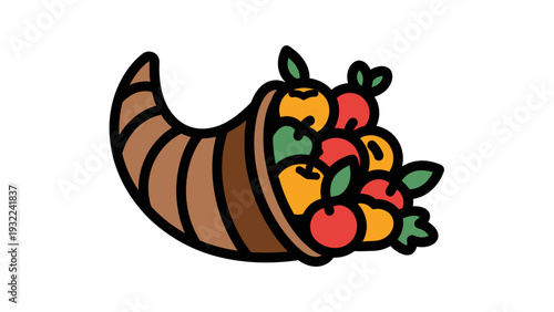 Cornucopia Filled with Assorted Fruits and Vegetables, Vector Illustration, Thanksgiving Harvest Symbol, Isolated on White Background