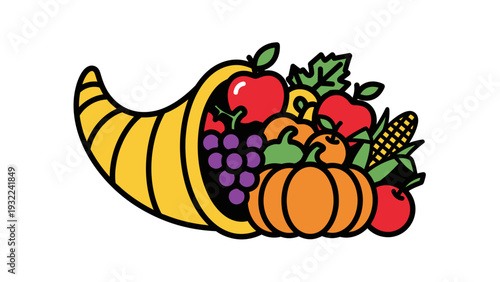 Cornucopia of Autumn Harvest Fruits and Vegetables, Vector Illustration Style Graphic, Thanksgiving and Fall Celebration Concept