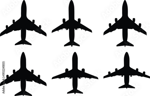Six black silhouettes of passenger airplanes arranged in two rows on a white background, symbolizing air travel and aviation.