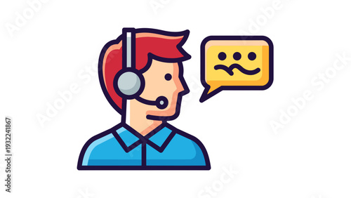 Customer Service Icon Vector Illustration with Speech Bubble and Headset, Call Center Agent Communication Symbol, Flat Design for Support and Assistance Concepts