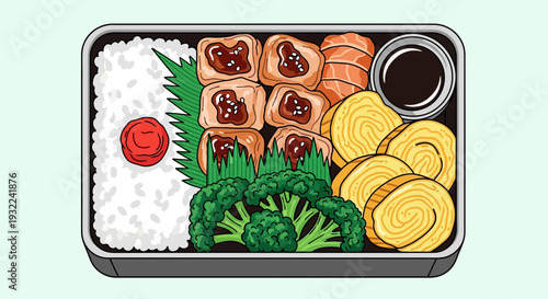 Japanese Bento Box with Rice and Vegetables.