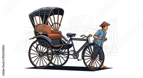 Man Pushing Rickshaw Vehicle Illustration.