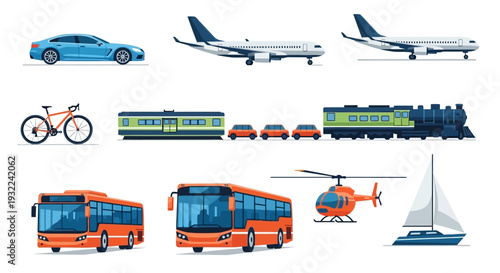 Various Modes of Transportation Vehicles Illustrated.