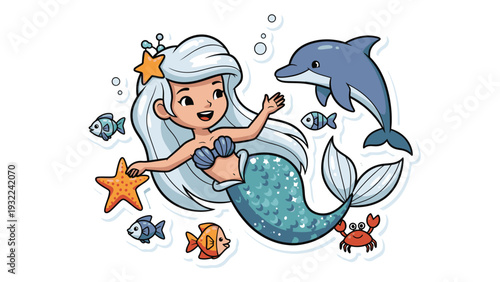 Cute Cartoon Mermaid with Dolphin, Starfish, and Fish, Underwater Scene, Children's Illustration Vector Style
