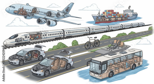 Various Modes of Transportation Vehicles Illustration.