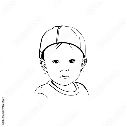 Adorable baby face with smiling expression in simple line art