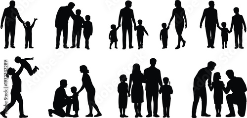 Family silhouettes collection, parents with children holding hands isolated on white background, happy parenting and love vector illustration