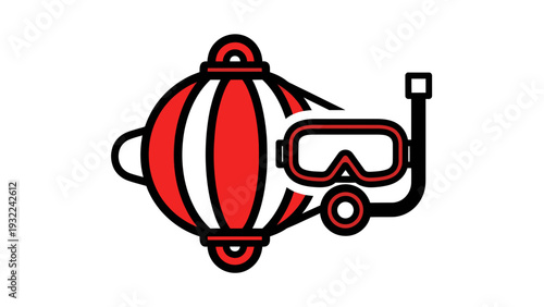 Diving Mask and Snorkel with Red and White Striped Buoy, Vector Illustration, Underwater Exploration and Adventure Concept, Isolated Graphic