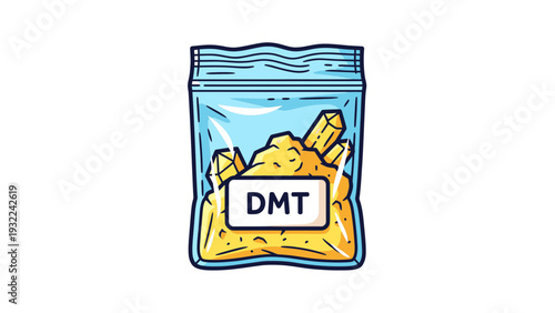 DMT Crystal Bag Vector Illustration, Psychedelic Drug Substance Package Design, Alternative Medicine Concept, Spiritual Journey Visual