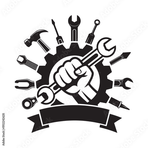 Black and white emblem featuring tools a fist and mechanical gears