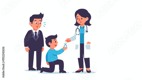 Doctor Offers Engagement Ring to Surprised Man While His Father Looks On, Medical Proposal Concept, Vector Illustration
