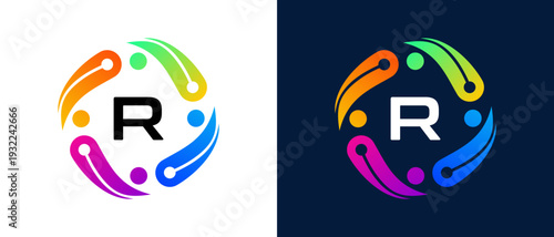 Modern letter “R” logo with a digital technology and connectivity concept Circular abstract design featuring vibrant gradient elements that symbolize innovation, collaboration