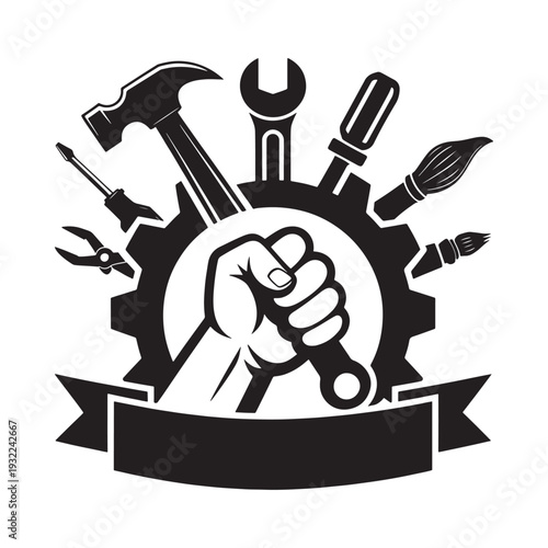 Tools and a clenched fist within a gear symbol black and white