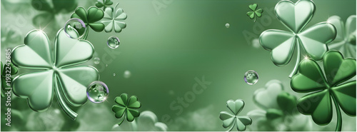 Glossy Green Glass Shamrocks with Bubbles and Water Droplets,  A fresh St. Patrick's Day background featuring highly glossy, glass-like green shamrocks reflecting light, interspersed with floating