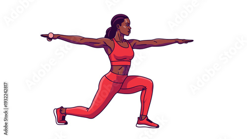 Fit Black Woman Doing Warrior II Pose with Dumbbells, Vector Illustration of Yoga and Fitness Lifestyle, Workout Graphic for Health and Wellness Content