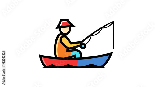 Fisherman in Boat with Rod, Simple Flat Vector Illustration, Outdoor Hobby and Leisure Activity Graphic