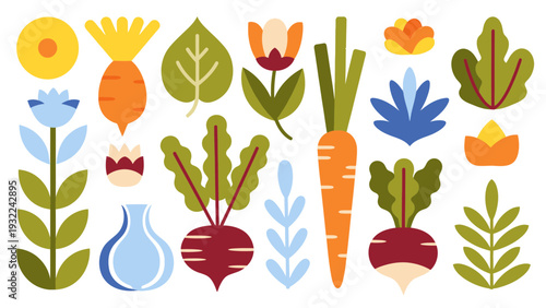 Flat Design Vegetables and Flowers Vector Illustration, Whimsical Garden Elements for Healthy Food and Nature Concepts