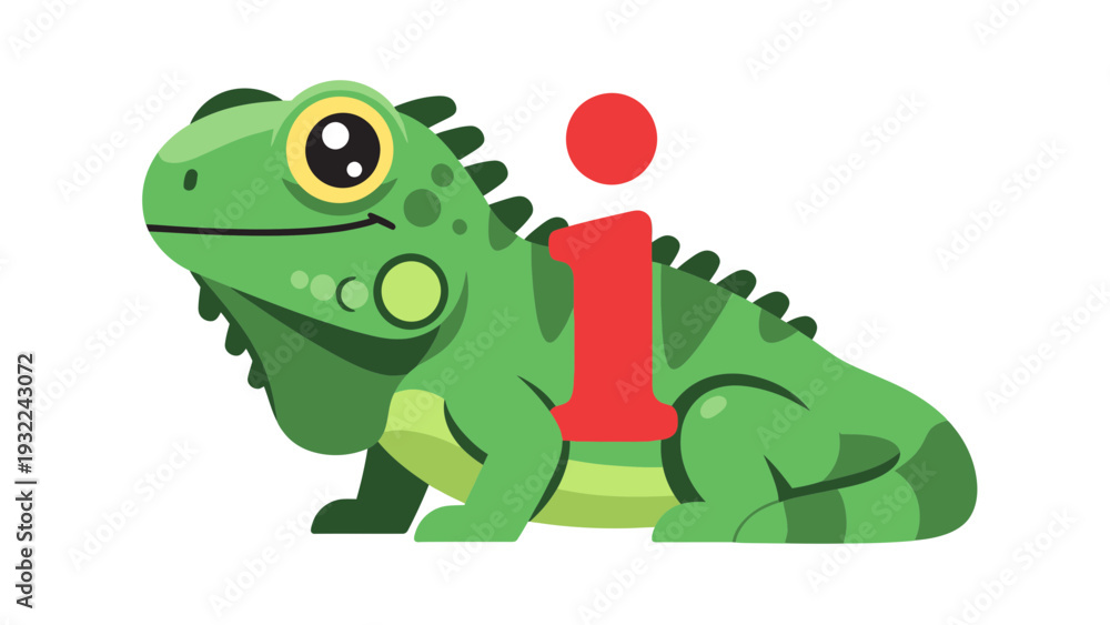 Obraz premium Green Iguana with Red 'i' Symbol and Dot, Flat Vector Illustration, Informational Icon Concept, Educational Graphic Design