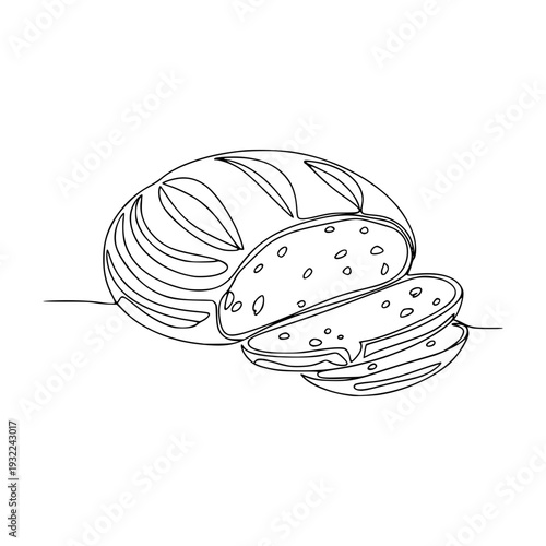 Sourdough bread loaf vector continuous line art drawing minimalist bakery illustration with slices and open crumb hand drawn outline style 
