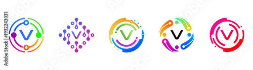 Set of abstract letter V technology logos with colorful gradients and circular network elements. Modern futuristic symbols for AI, digital innovation, branding, apps, and tech companies