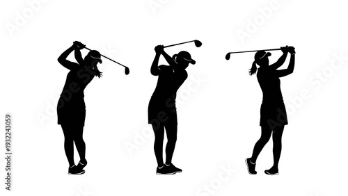 Golfer Silhouette Sequence: Three Stages of a Golf Swing, Female Athlete in Motion, Sports Training and Recreation Concept, Isolated on White Background